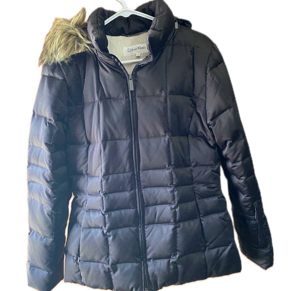 Dark brown Calvin Klein size medium feather down jacket with detachable hood